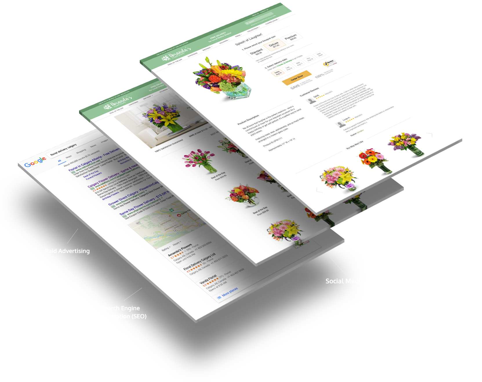 Three layers of paper with website images to represent layered approach to marketing and SEO.